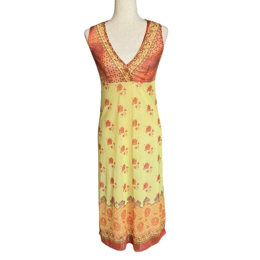 Vtg Y2K 90s‎ 00s Sheer V Neck Layered Dress Jane Doe Womens M Yellow Brown Boho